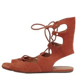 CHLOE Rust Orange Suede Gladiator Sandals Lace-Up Flat Shoes EU 37.5 US 7.5 EUC